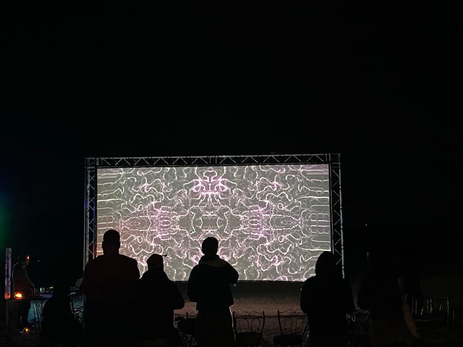 Disektor's generative visuals projected on a desert screen at LPM 2025, audience silhouetted in front