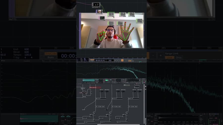 Webcam hand tracking with a skeleton overlay driving a Max/MSP patch