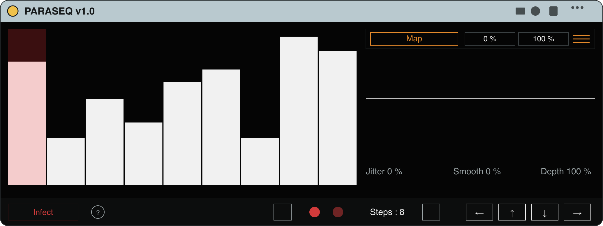 PARASEQ v1.0 Max for Live device interface — a step-sequencer editor on the left, parameter Map / Min / Max controls and a live output scope on the right, with Infect, Steps and pattern tools along the bottom toolbar.